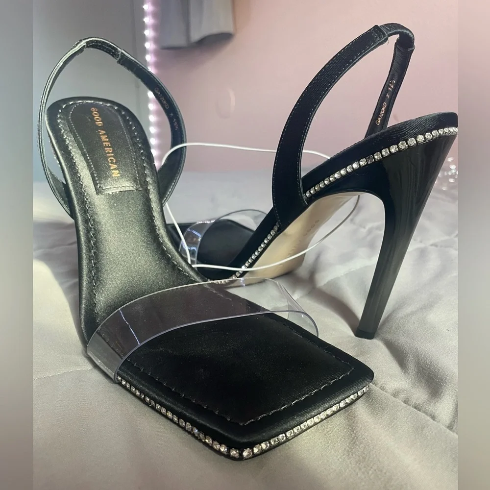 Good American Crystal Crush Lucite Sandal in Black